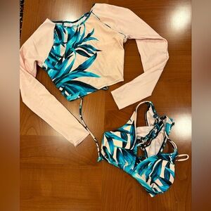 Pink and Blue Leaf Print Bikini Top & Rashguard Coord Sets, M/L
